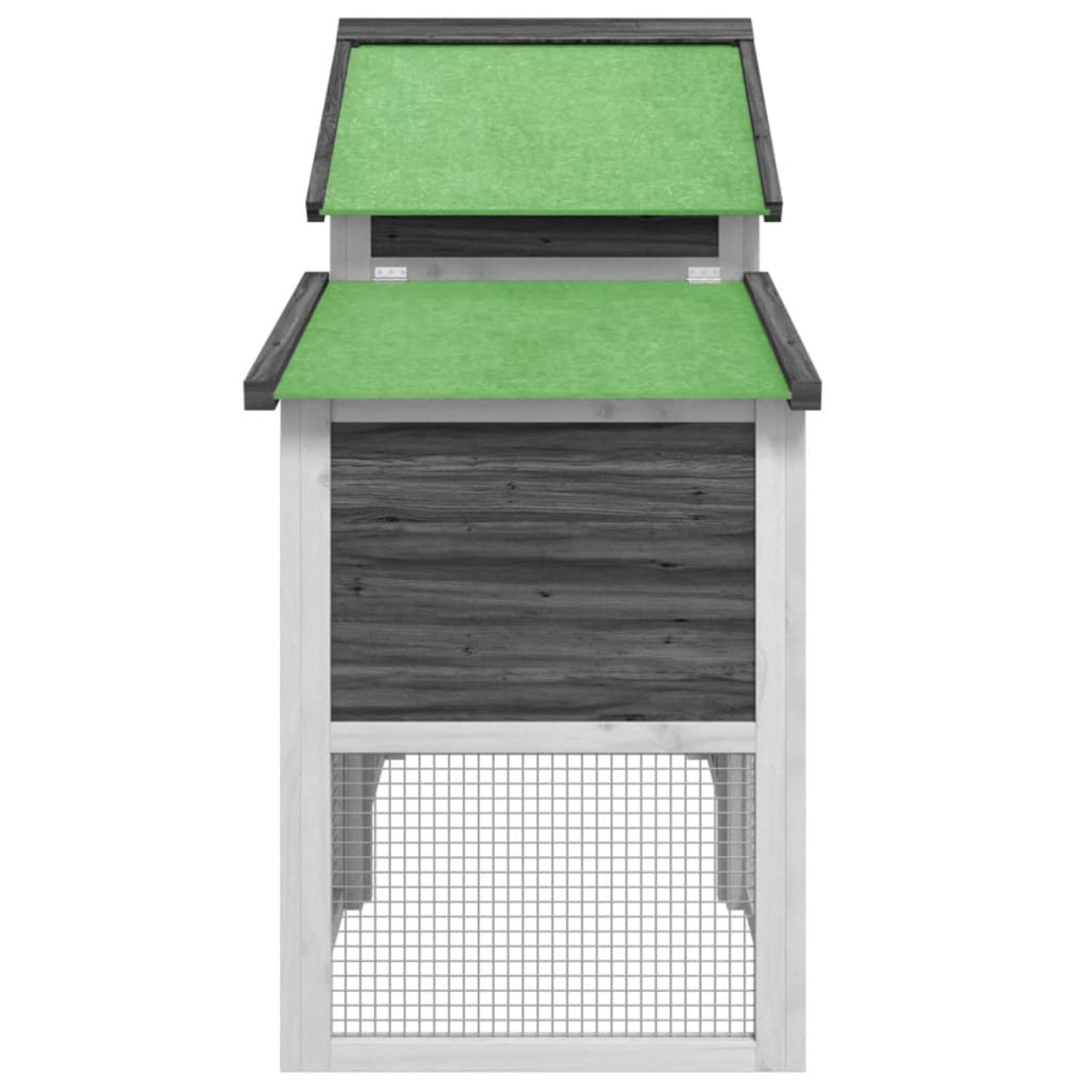 Ein zweistöckiger Hühnerstall. Grüne Dächer, graue Holzverkleidung, weiße Verkleidung und eine Drahtgittertür schaffen ein funktionales und ästhetisches Design.