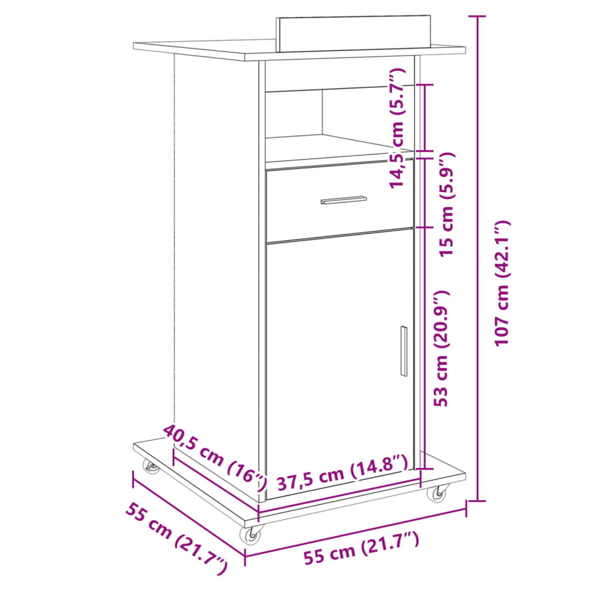 Ein hölzernes Rednerpult auf Rädern mit Schublade, Regal und Tür. Maße in cm und Zoll sind auf dem Diagramm angegeben.