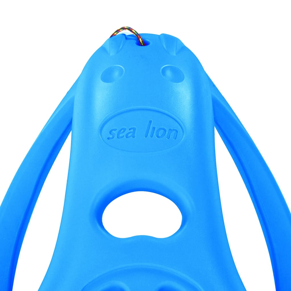 Blaues Schwimmhilfe aus Kunststoff mit 'Seelöwe'-Text, einem Loch und einem bunten Faden. Weißer Hintergrund.