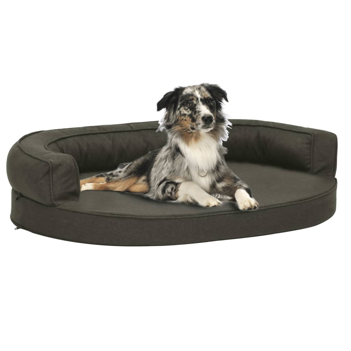 Ein Hund mit geflecktem Fell liegt auf einem dunkelgrauen Hundebett mit abgerundeter Rückenlehne. Der Hund hat schwarze, weiße und braune Flecken.