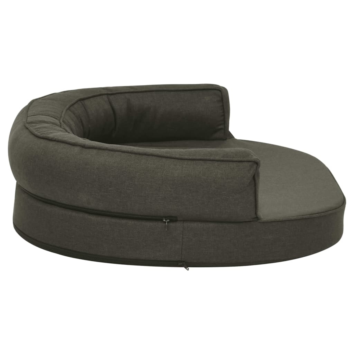 Ein graues, rundes Hundebett mit gebogenem Rücken und flacher Sitzfläche. Das Bett hat einen Reißverschluss am Boden.