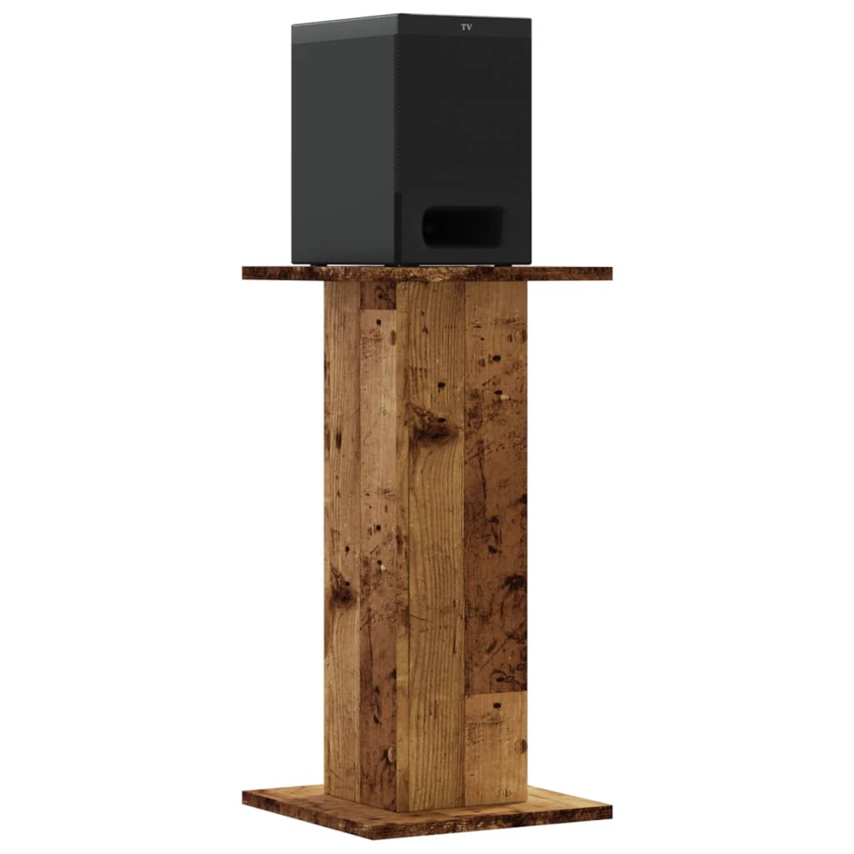 Ein schwarzer Lautsprecher steht auf einem Holzständer. Der Ständer besteht aus braunem, recyceltem Holz mit quadratischer Basis und Oberseite.