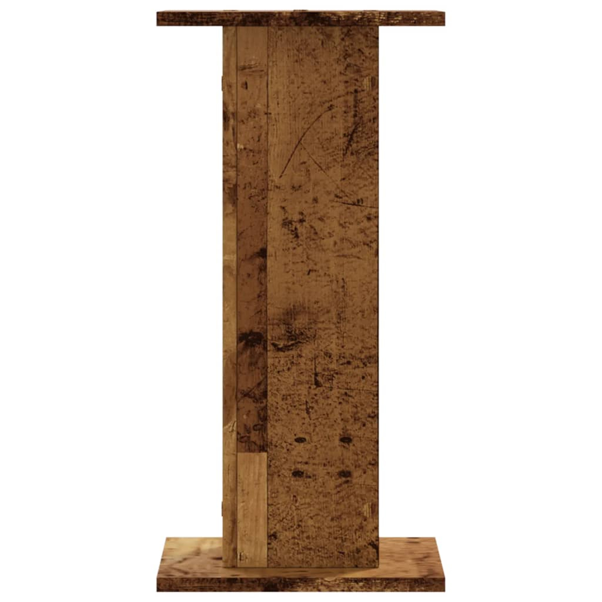 Ein hölzernes Podium mit rechteckiger Basis, einer hohen Mittelsäule und einer Oberseite. Es ist braun mit sichtbarer Holzmaserung.