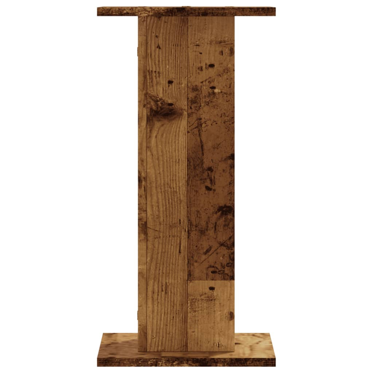 Ein Holzständer mit rechteckiger Basis und Oberseite, verbunden durch eine vertikale Planke. Das Holz hat ein natürliches, strukturiertes Aussehen.