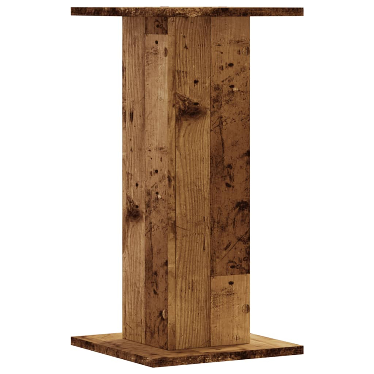 Eine Holzsäule mit quadratischer Basis und Oberseite. Die Säule besteht aus vertikalen Holzplanken, die die Maserung und die Knoten des Holzes zeigen.