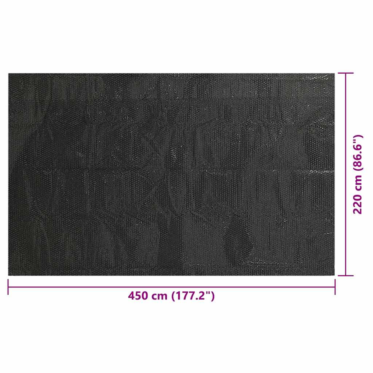 Ein schwarzer, strukturierter rechteckiger Teppich. Die Abmessungen sind mit 450 cm (177,2") x 220 cm (86,6") angegeben.