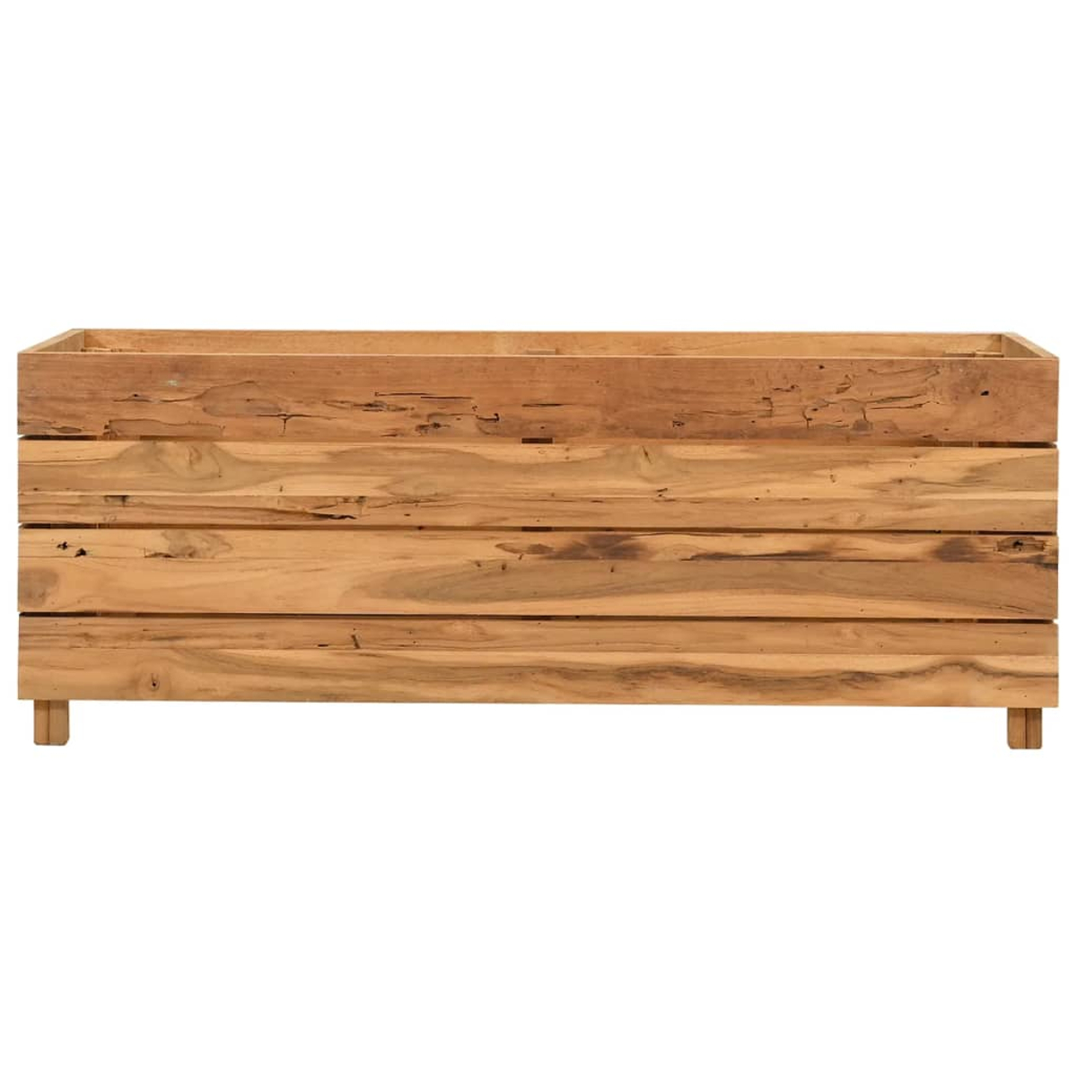 Eine rechteckige Pflanzkasten aus Holz. Er besteht aus horizontalen Holzplanken. Das Holz hat eine natürliche Maserung und ist hellbraun.