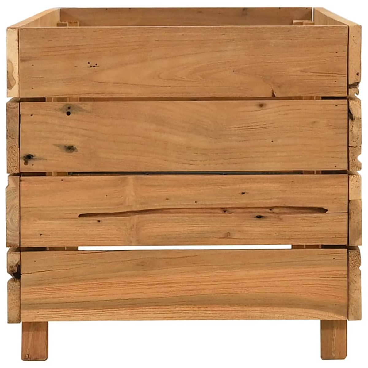 Eine Holzkasten. Er besteht aus hellbraunen Brettern. Die Box hat vier horizontale Bretter und steht auf vier kleinen Füßen.