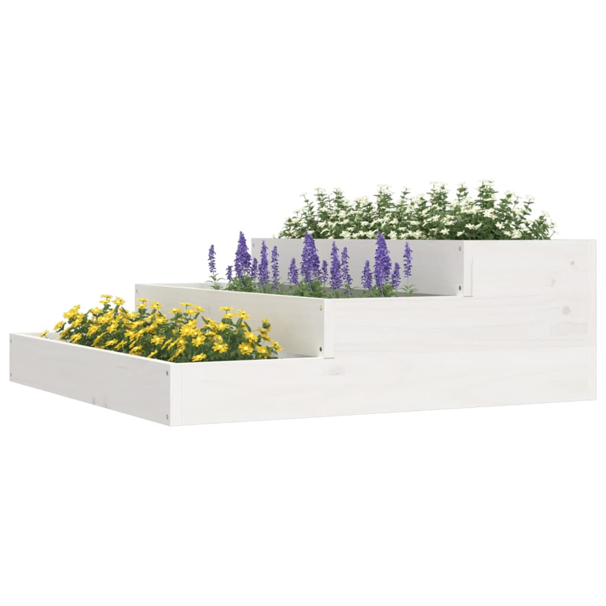 Ein gestufter weißer Holzpflanzer mit gelben, lila und weißen Blumen. Der Pflanzer hat drei Ebenen, die jeweils verschiedene Blumen enthalten.