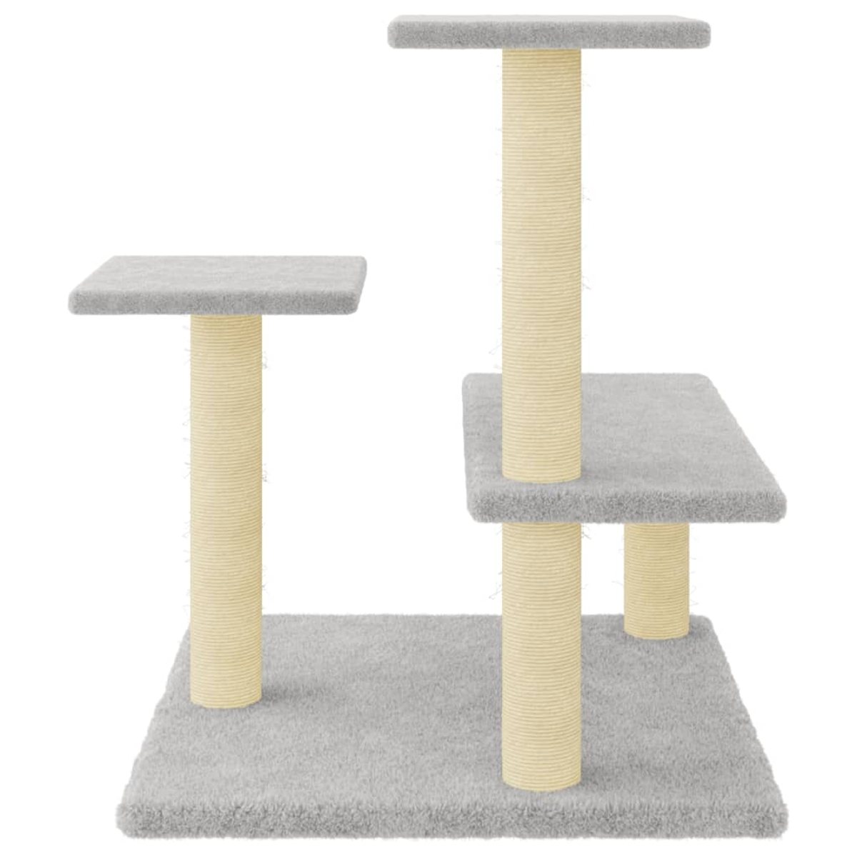 Ein grauer Katzenbaum mit mehreren Plattformen und Kratzbäumen. Beige Pfosten stützen graue Plattformen, mit grauem Teppichboden.