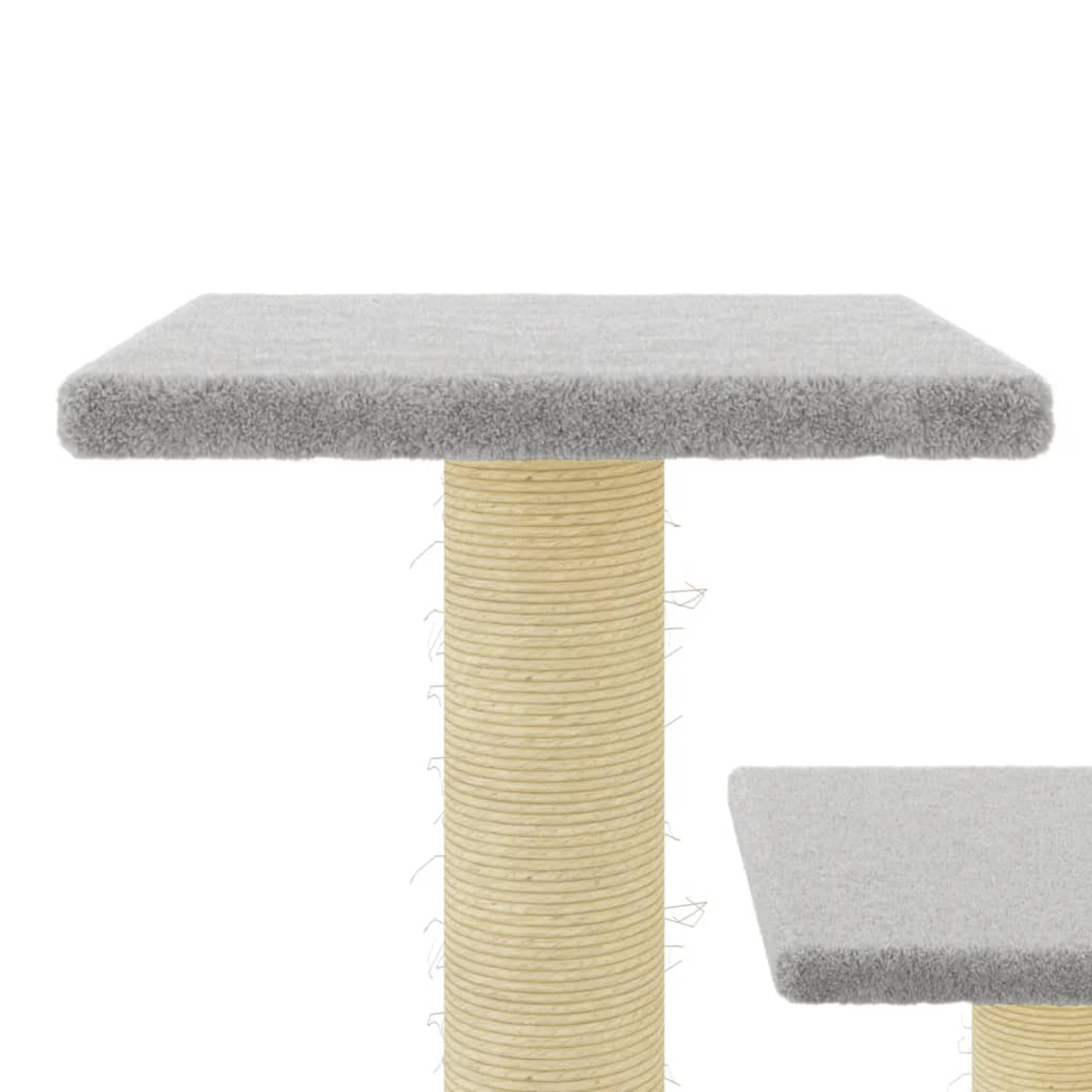 Ein Katzenbaum mit zwei grauen Plattformen und einem mit Sisal umwickelten Pfosten. Der Hintergrund ist weiß.