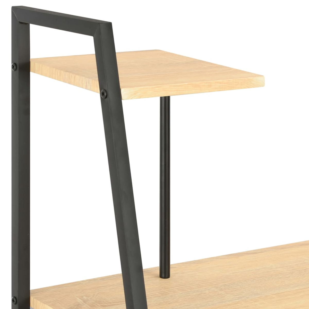 Nahaufnahme eines Holzregals, das von einem schwarzen Metallrahmen getragen wird. Das Regal ist hellbraun. Der Hintergrund ist weiß.