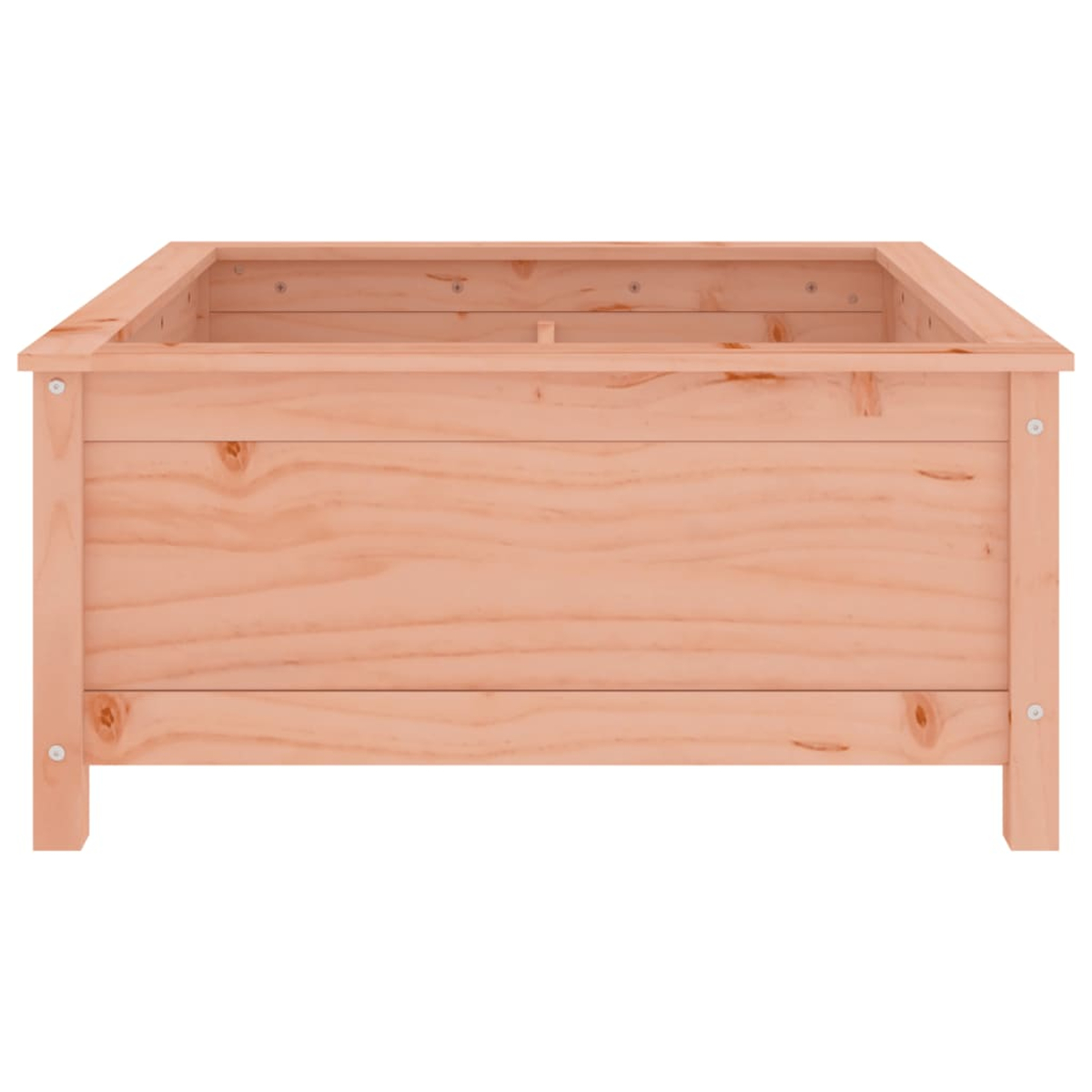 Eine hellbraune, rechteckige Holz-Pflanzkasten, mit sichtbarer Holzmaserung und Schraubbefestigungen, steht vor einem weißen Hintergrund.