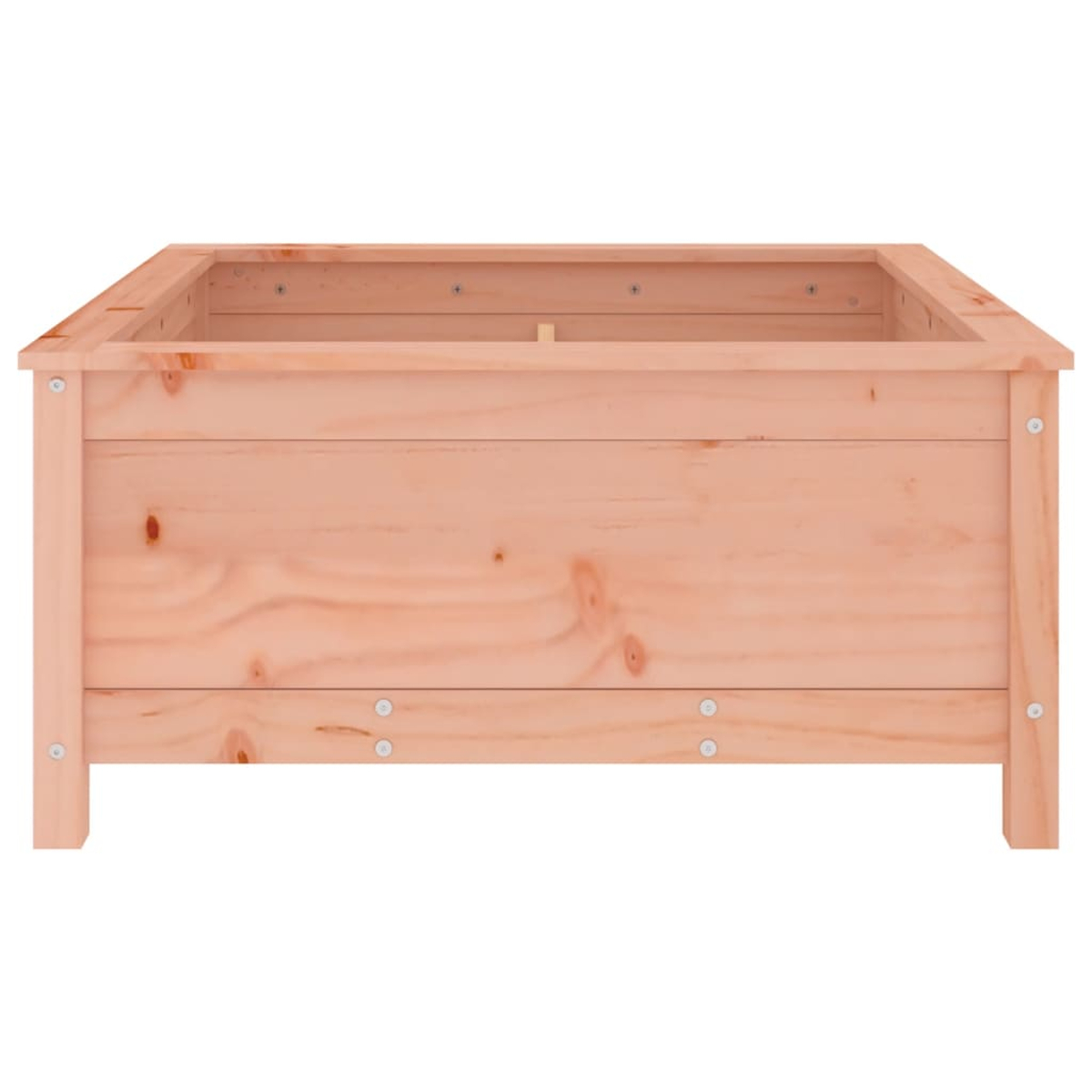 Eine rechteckige Holzpflanzkasten mit sichtbarer Holzmaserung und Schrauben. Die Kiste ist hellbraun und steht auf vier Beinen.