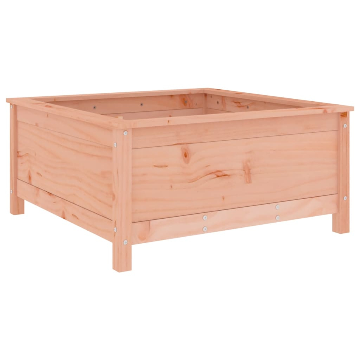Eine quadratische Holzpflanzkasten steht auf weißem Grund. Es hat hellbraunes Holz und ist leer.