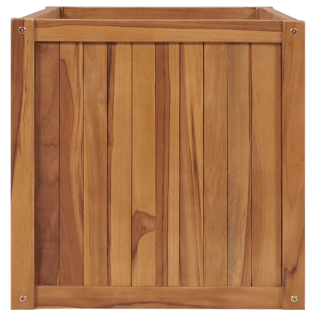 Ein quadratischer Pflanzkasten aus Holz. Er hat vertikale Bretter, ist hellbraun und hat sichtbare Holzmaserung.