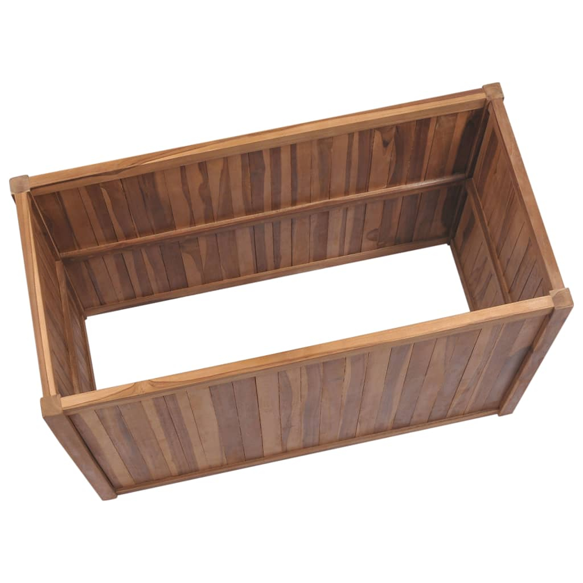 Eine rechteckige Pflanzkiste aus Holz. Die Kiste ist leer, hellbraun und hat eine sichtbare Holzmaserung. Der Hintergrund ist weiß.
