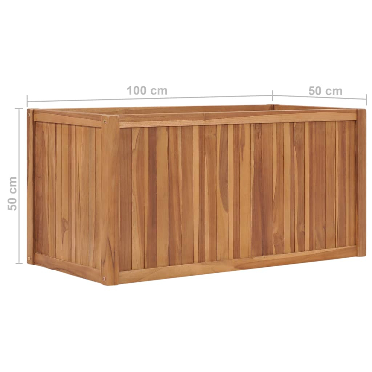 Ein rechteckiger Holzpflanzkasten, 100 cm lang, 50 cm breit und 50 cm hoch. Er besteht aus vertikalen Holzplanken.