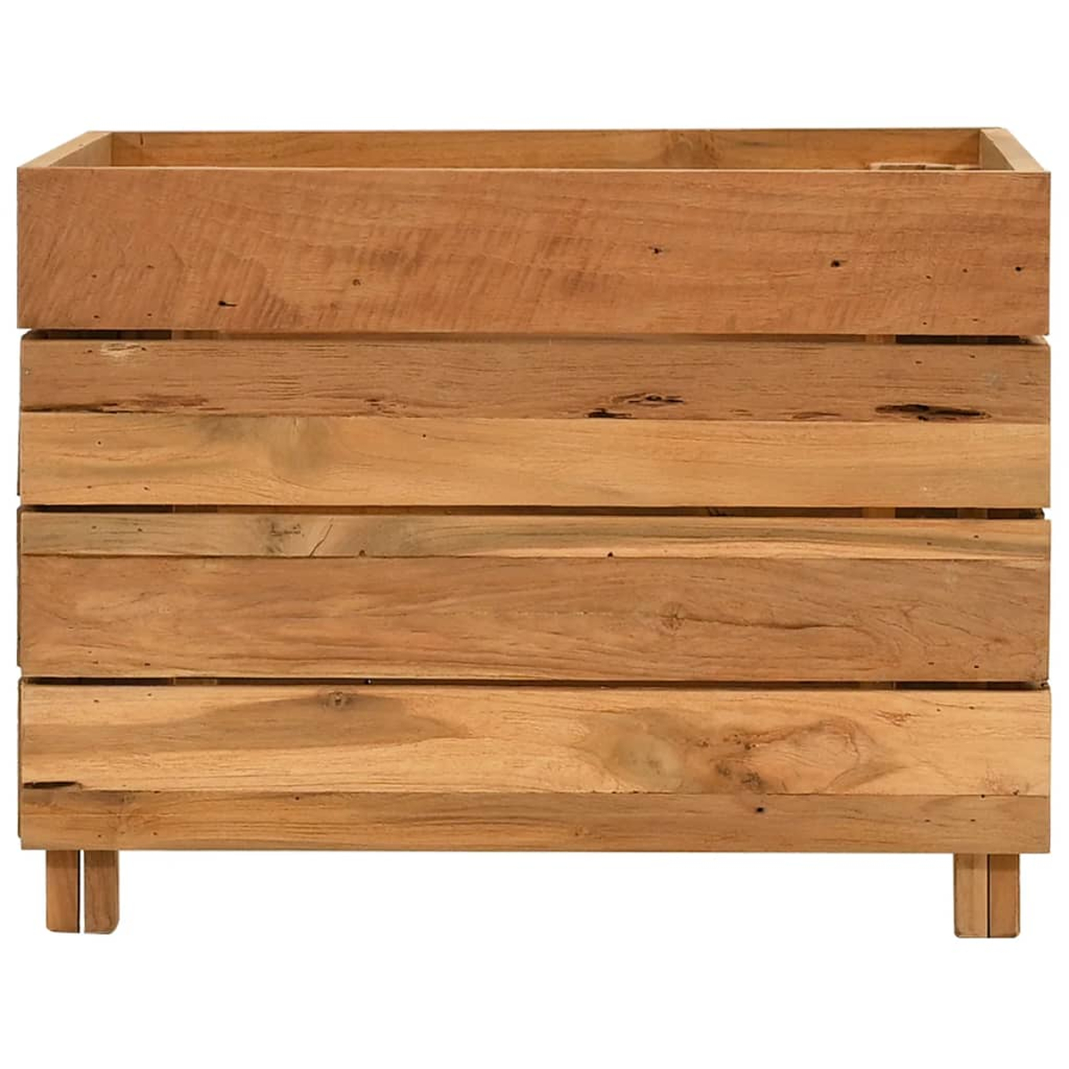 Eine Holzkiste mit vier horizontalen Brettern, getragen von kurzen Beinen. Das Holz hat eine natürliche, hellbraune Farbe und sichtbare Maserung.