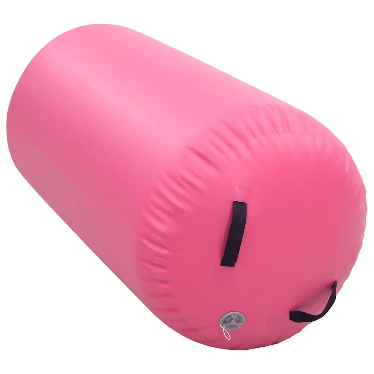 Un cilindro gonfiabile rosa con maniglie nere e una valvola. Il cilindro è su uno sfondo bianco.