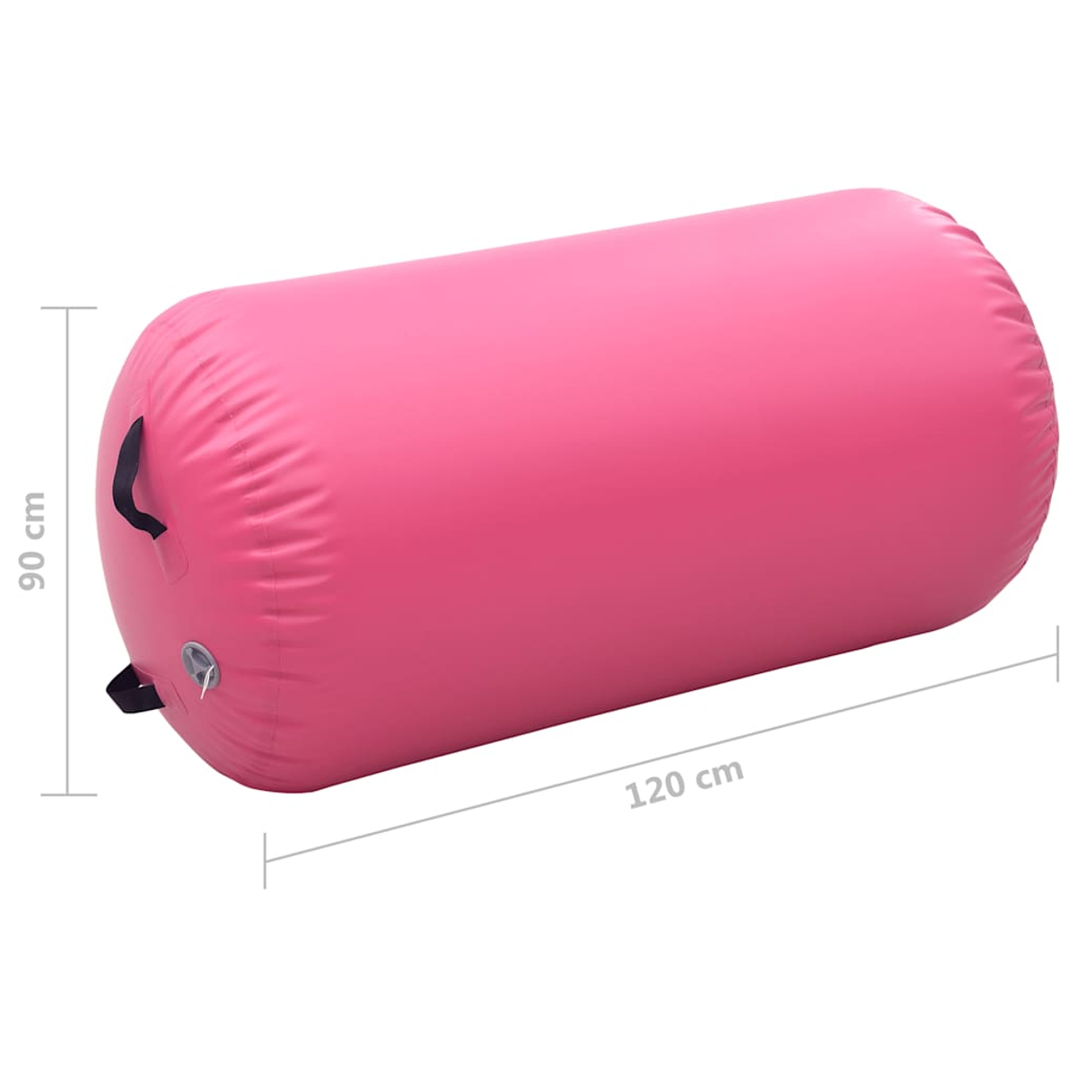 Un cilindro gonfiabile rosa per ginnastica. È lungo 120 cm e alto 90 cm. Ha maniglie nere e una valvola laterale.