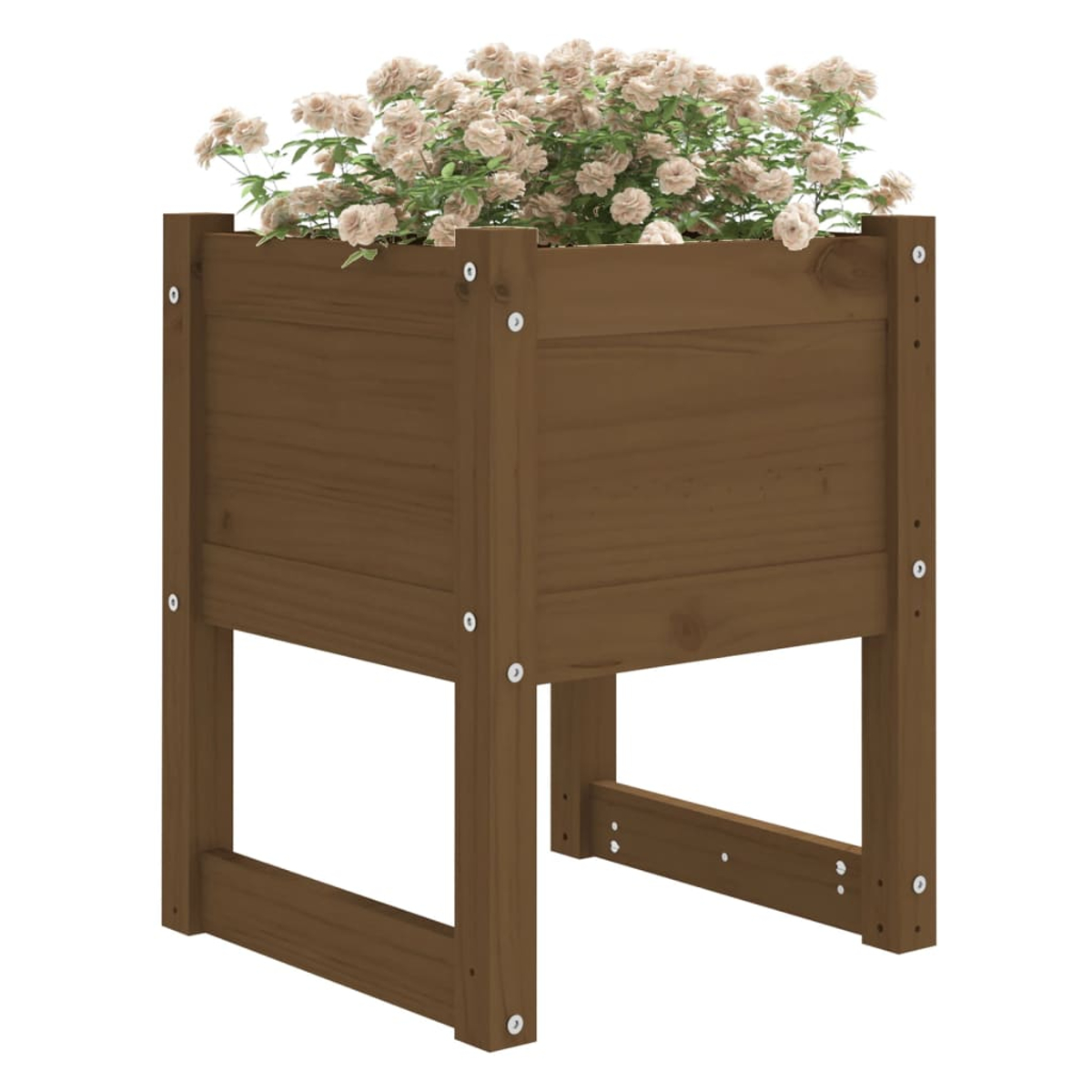 Ein hölzerner Pflanzkasten mit hellrosa Blumen. Die Kiste ist braun und hat eine rechteckige Form. Der Hintergrund ist weiß.