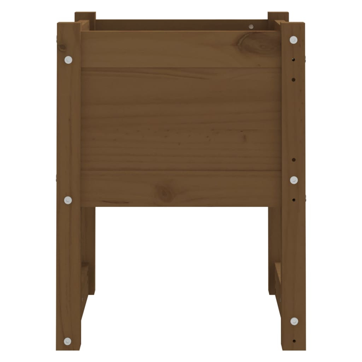Eine braune Holzkasten mit vier Beinen. Die Box wird mit Schrauben montiert, und die Holzmaserung ist sichtbar.