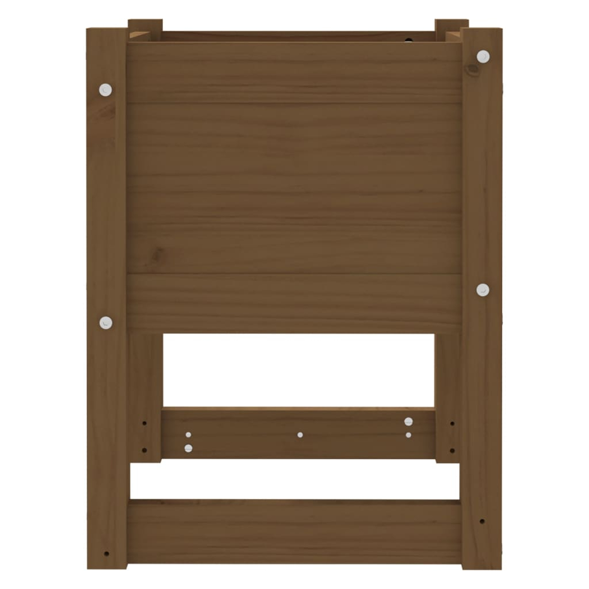 Ein hölzerner Pflanzenständer. Er ist braun, rechteckig und hat eine hohle Mitte. Schrauben sichern die Holzpaneele.