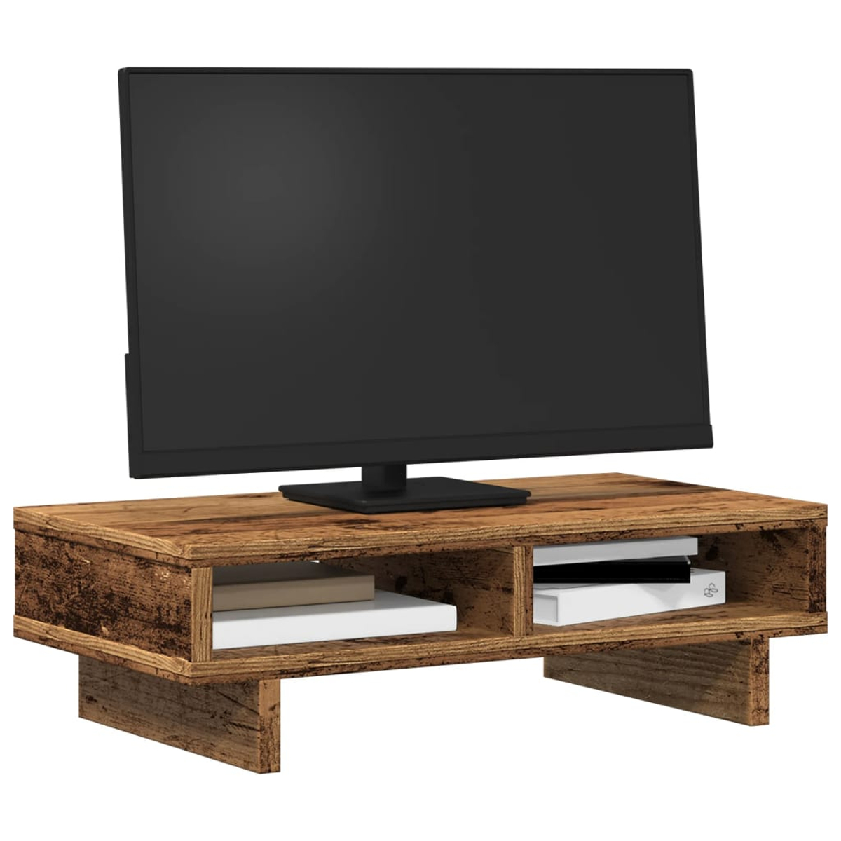 Ein Fernseher steht auf einem Holzständer mit Regalen. Bücher und ein Gerät sind sichtbar. Der Fernseher ist schwarz.