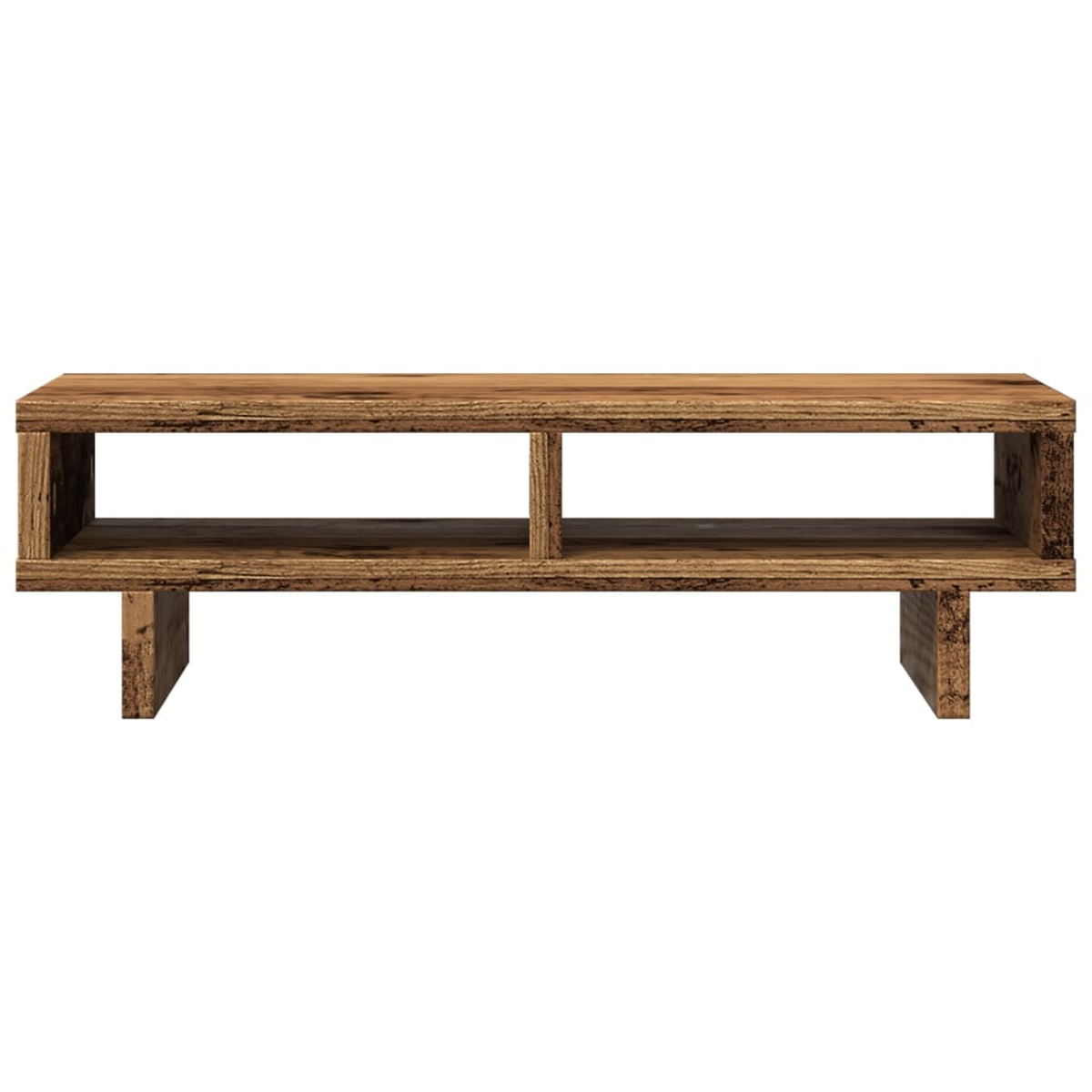 Eine Medienkonsole aus Holz mit zwei Regalen und einem Mittelsteg, getragen von zwei Beinen. Der Hintergrund ist weiß.