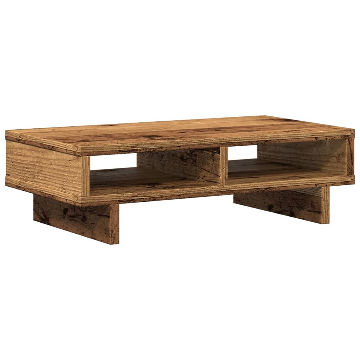 Ein rechteckiger Holztisch mit zwei offenen Fächern. Der Tisch ist braun mit sichtbarer Holzmaserung, vor weißem Hintergrund.