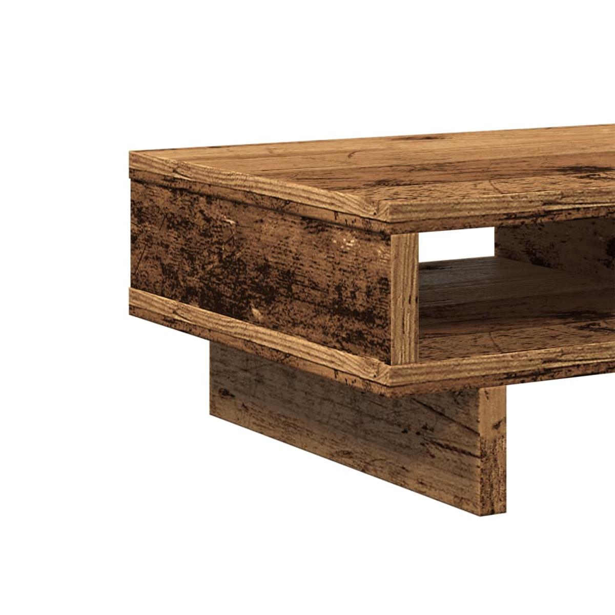 Nahaufnahme eines Couchtisches aus Holz mit rustikalem Design. Der Tisch hat eine rechteckige Form und ein Regal. Das Holz ist braun.
