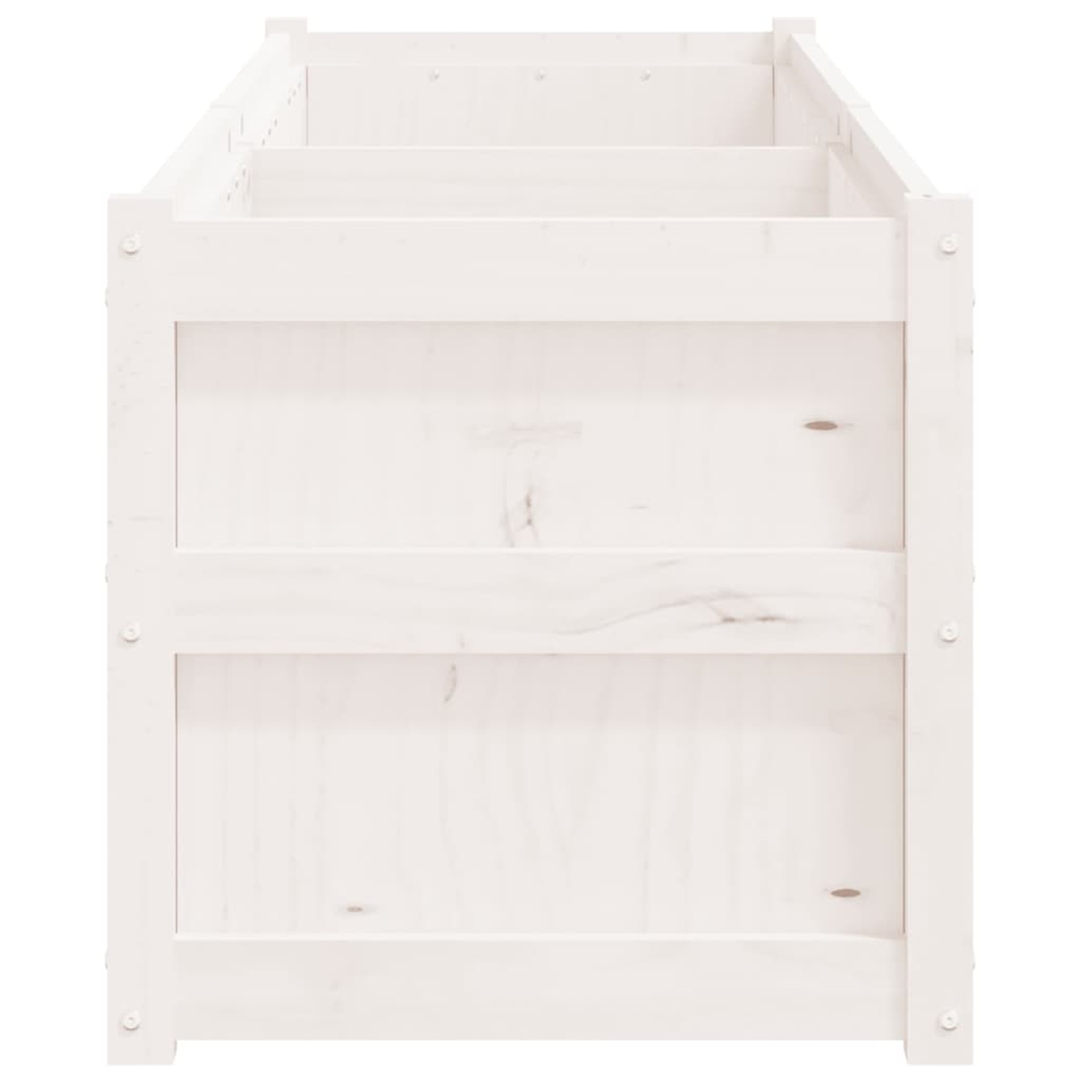 Eine weiße Holzkiste mit mehreren horizontalen und vertikalen Brettern. Die Kiste ist leer und hat ein sauberes, minimalistisches Design.
