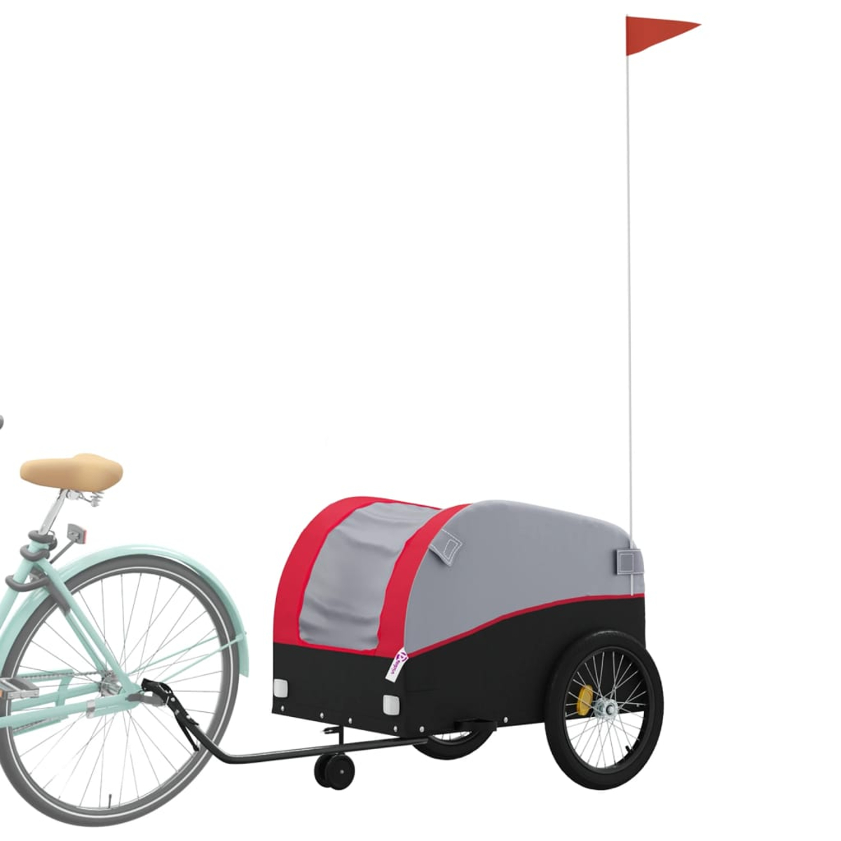 Ein Fahrrad mit Anhänger. Der Anhänger ist grau und schwarz, mit roten Akzenten. Am Anhänger ist eine rote Fahne befestigt.