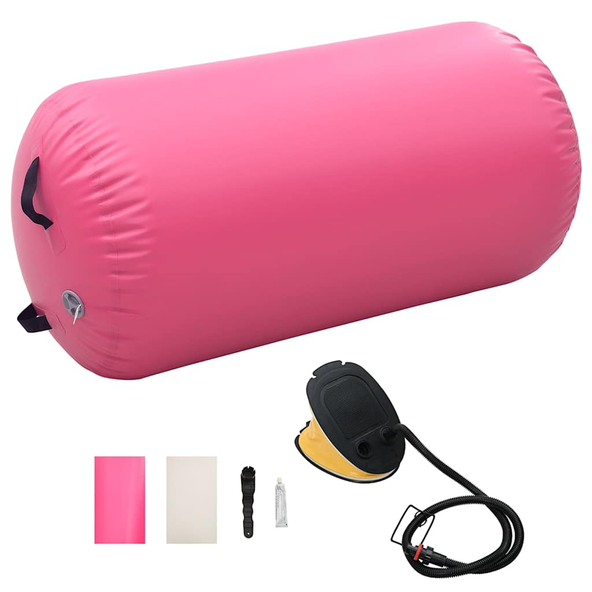 Ein aufblasbares rosa Luftfass mit schwarzem Griff, Ventil und Fußpumpe. Enthält auch Reparaturflicken, Ventilwerkzeug und Kleber.