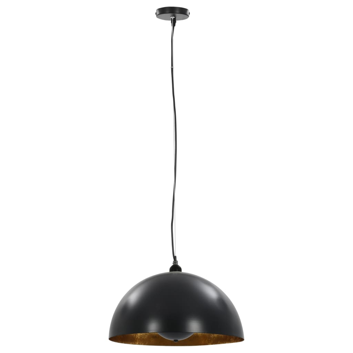 Eine schwarze Pendelleuchte mit goldenem Innenraum. Das Licht hängt an einem schwarzen Draht von der Decke.