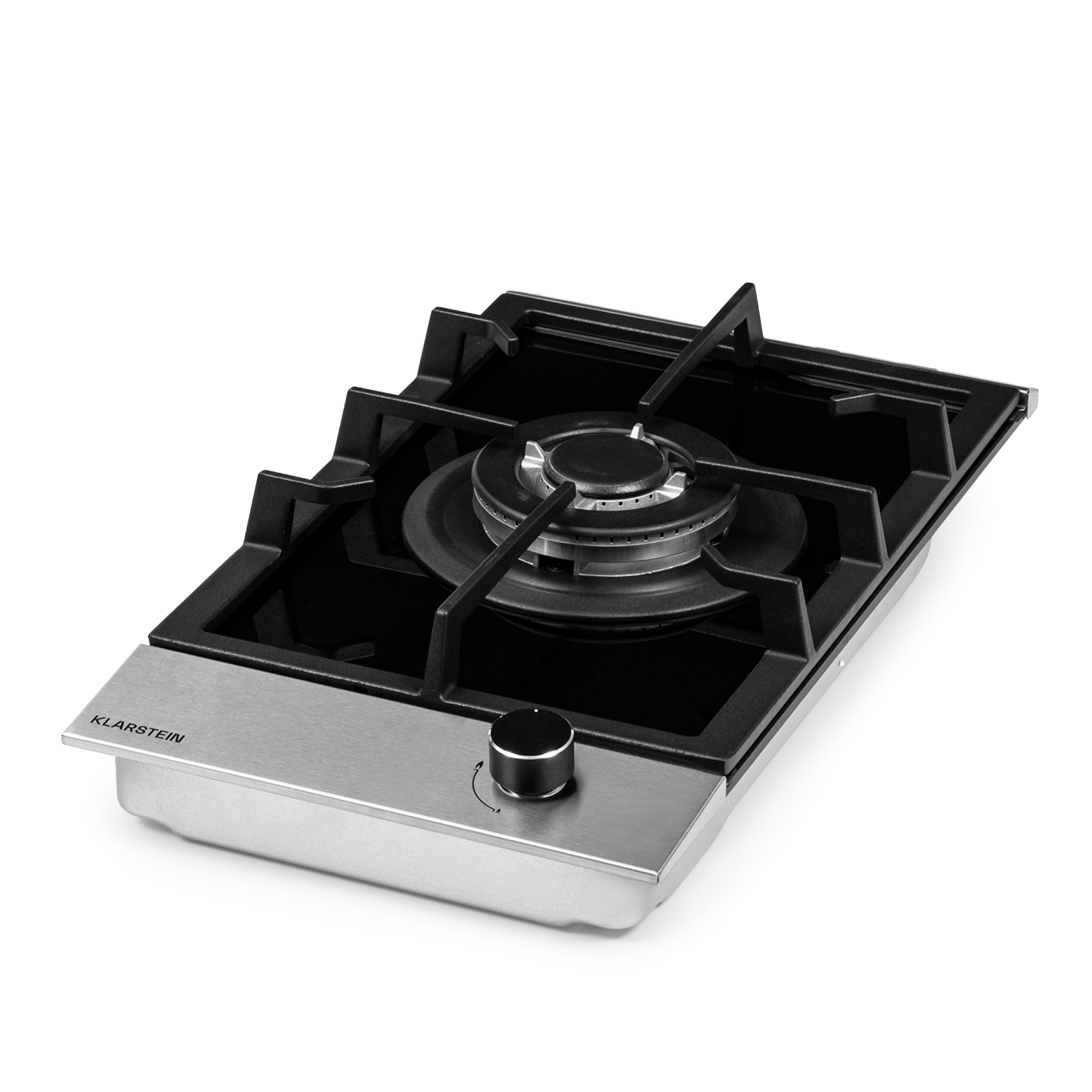 Un piano cottura a gas argento e nero. Ha un bruciatore nero e una manopola, con il marchio 'Klarstein'.