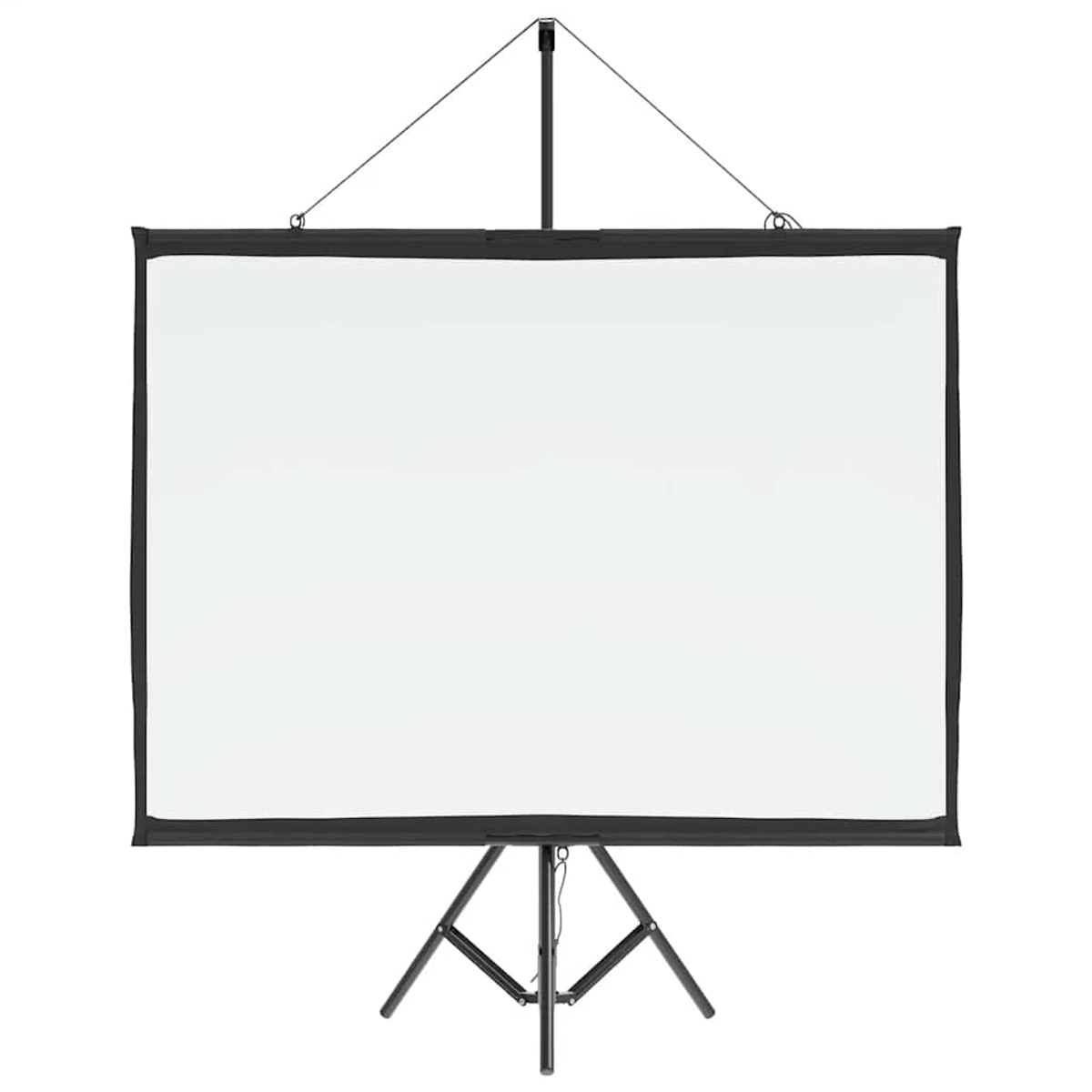 Eine weiße Projektionsfläche mit schwarzem Rahmen und Ständer ist zentriert. Der Bildschirm ist leer, und der Ständer ist ein Stativ.