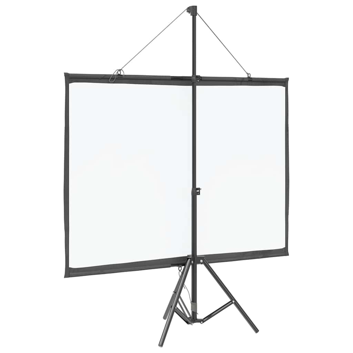 Eine weiße Projektionsleinwand auf einem schwarzen Stativ. Der Bildschirm ist rechteckig. Der Hintergrund ist weiß.