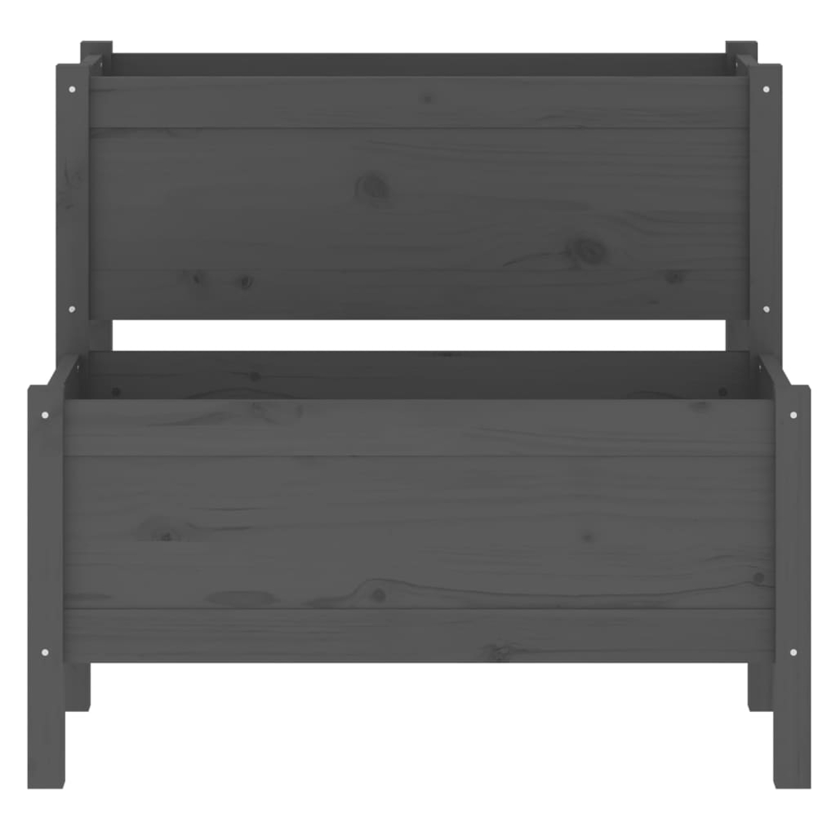 Ein graues Hochbeet aus Holz. Es hat eine rechteckige Form mit einem oberen Bereich und einer unteren Pflanzfläche.