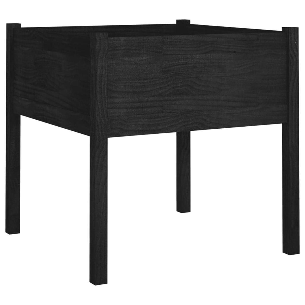 Ein schwarzer Pflanzkasten aus Holz mit vier Beinen steht auf weißem Hintergrund. Der Pflanzkasten hat eine quadratische Form.