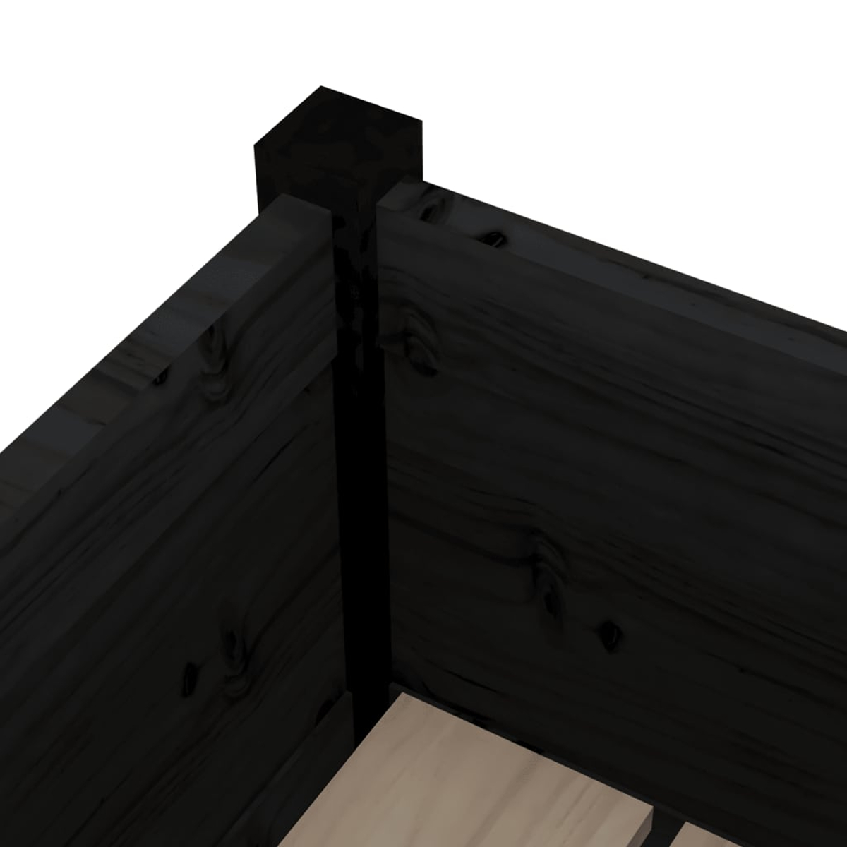 Nahaufnahme einer Holzbettrahmenecke. Dunkles Holz mit sichtbarer Maserung. Der Eckpfosten ist ein dunklerer, fester Block.