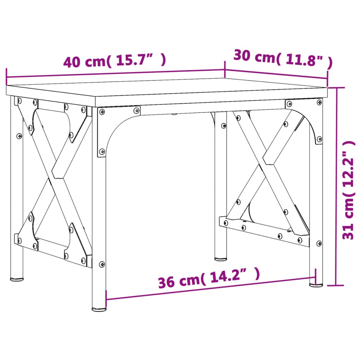 Ein kleiner Holztisch mit den angegebenen Abmessungen: 40x30x31 cm. Die Beine haben ein X-förmiges Design. Maße in cm und Zoll.