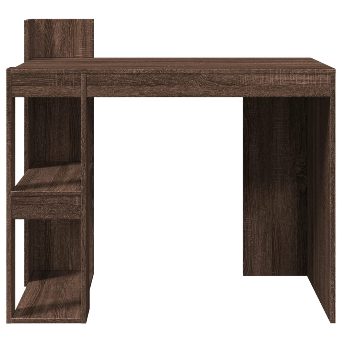 Ein Holzschreibtisch mit dunkelbraunem Finish. Er hat Regale auf der linken Seite und einen erhöhten Bereich auf der Rückseite.