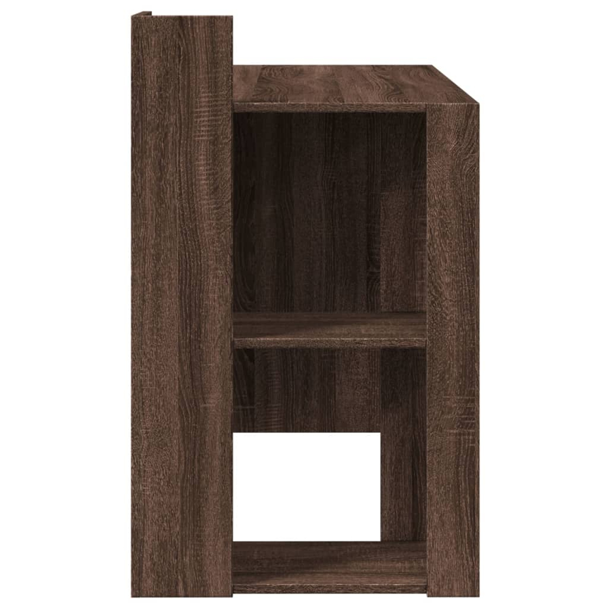 Ein dunkelbraunes Bücherregal aus Holz. Es hat zwei Regale und einen offenen Raum am Boden. Die Holzmaserung ist sichtbar.
