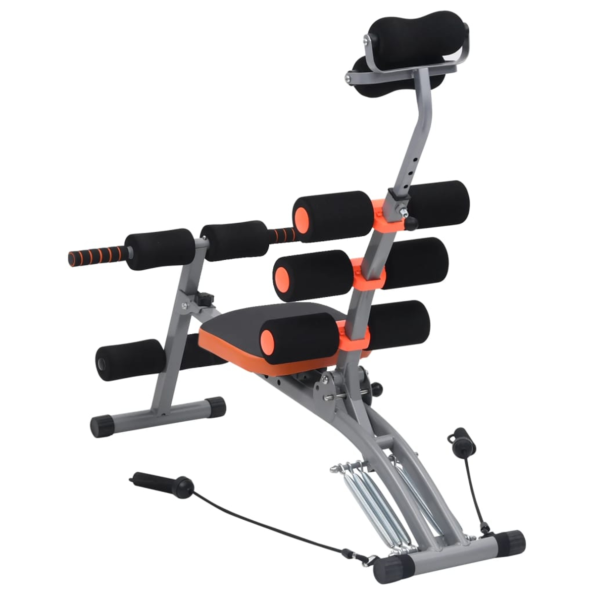 Ein Bauchmuskeltrainingsgerät, grau und schwarz mit orangefarbenen Akzenten. Es hat mehrere gepolsterte Rollen und eine Kopfstütze.