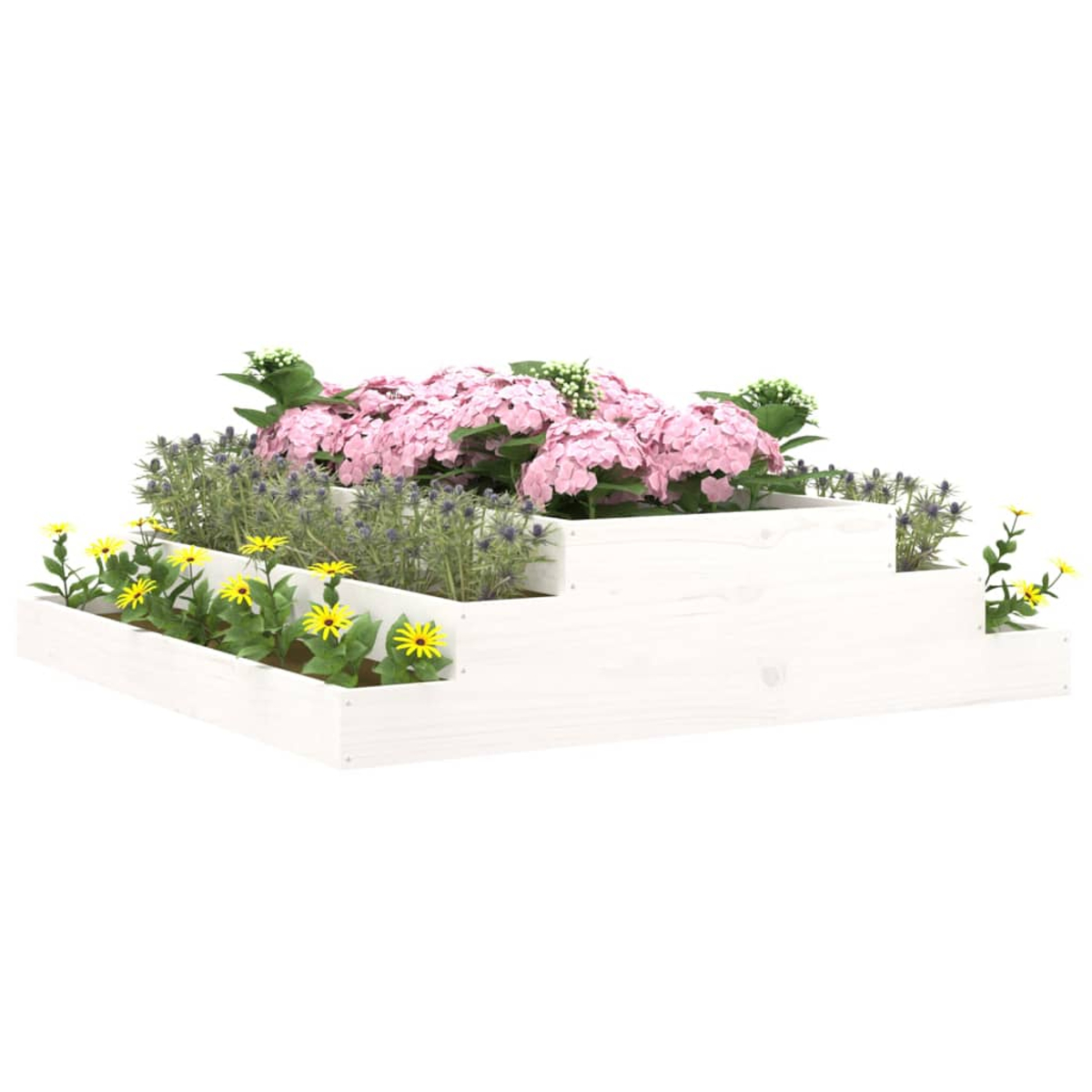 Eine gestufte weiße Pflanzkiste mit verschiedenen Blumen. Oben rosa Hortensien, auf unteren Ebenen gelbe und lila Blumen.