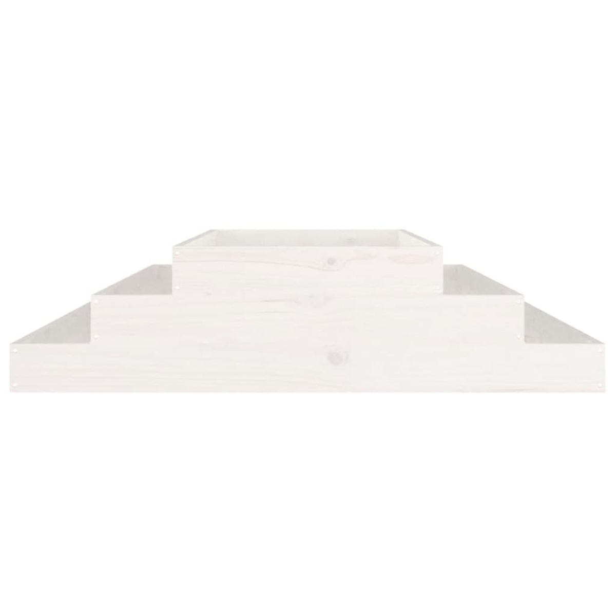 Ein weißes, gestuftes Holzregal. Es hat drei Stufen, die zu einer rechteckigen Plattform führen, alles vor weißem Hintergrund.