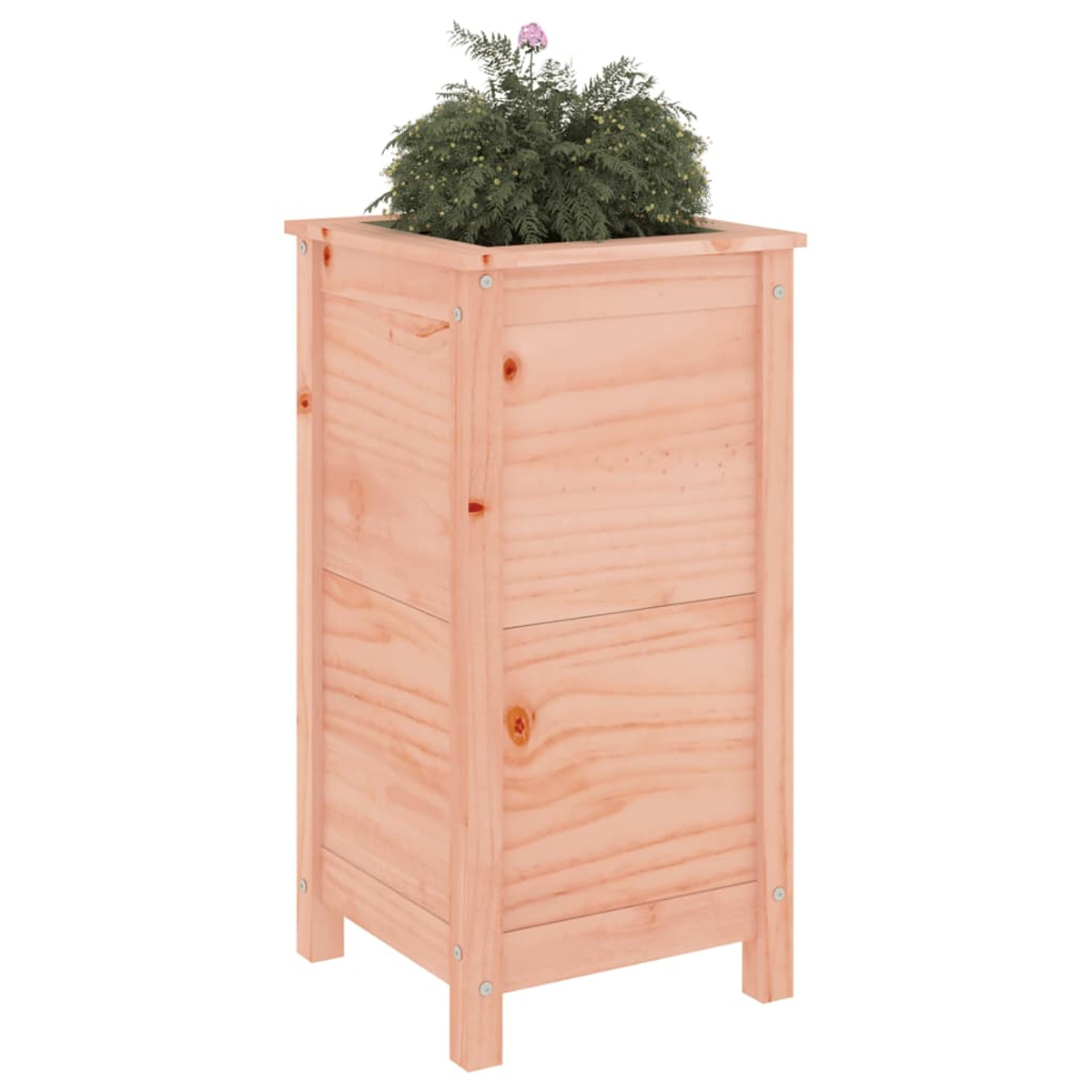 Eine hohe Holzpflanzkasten enthält grünes Laub und eine kleine rosa Blume vor einem weißen Hintergrund. Die Kiste ist aus hellem Holz gefertigt.