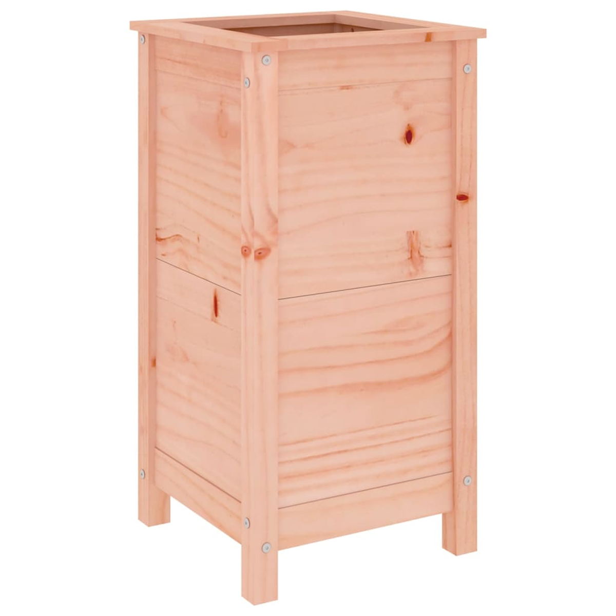 Eine hellbraune Holzkasten-Pflanzschale steht vor einem weißen Hintergrund. Sie ist rechteckig mit sichtbarer Holzmaserung und Metallbefestigungen.